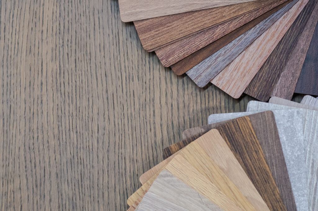wooden samples for floor laminate or furniture in home or commercial building.small color sample boards. copy space, design