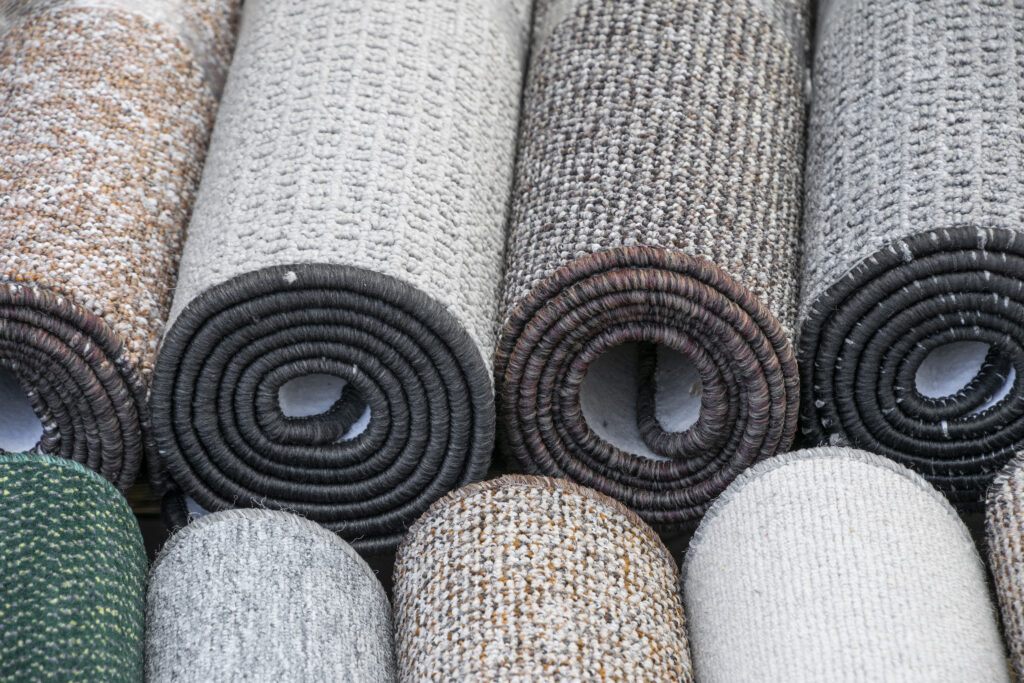 rolls of flooring carpet mats on retail display